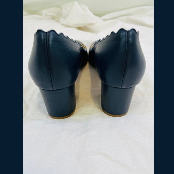 Chloe Scalloped Edge Blue Leather Block Heels - Size 39 - Picture 4 of 16